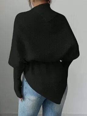 ZARA Black Casual Women's High Neck Batwing Sleeve Asymmetrical Hem Sweater